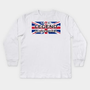 THE LEGEND HAS RETIRED, flag of the United Kingdom t-shirt sweater hoodie samsung iphone case coffee mug tablet case tee birthday gifts Kids Long Sleeve T-Shirt